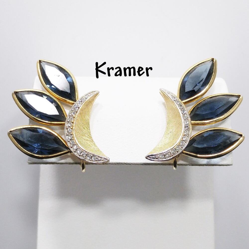 Vintage Kramer Blue Rhinestone Crescent Moon Clip Earrings Gold Tone